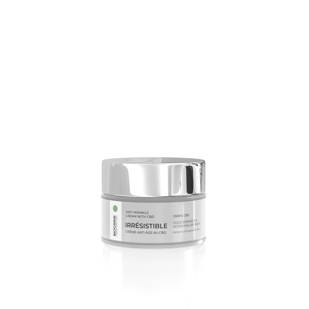 Vaso di crema. BIOGRINE „IRRESISTIBLE“ crema anti-età al CBD. Coperchio argentato. Contenitore bianco. Testo.