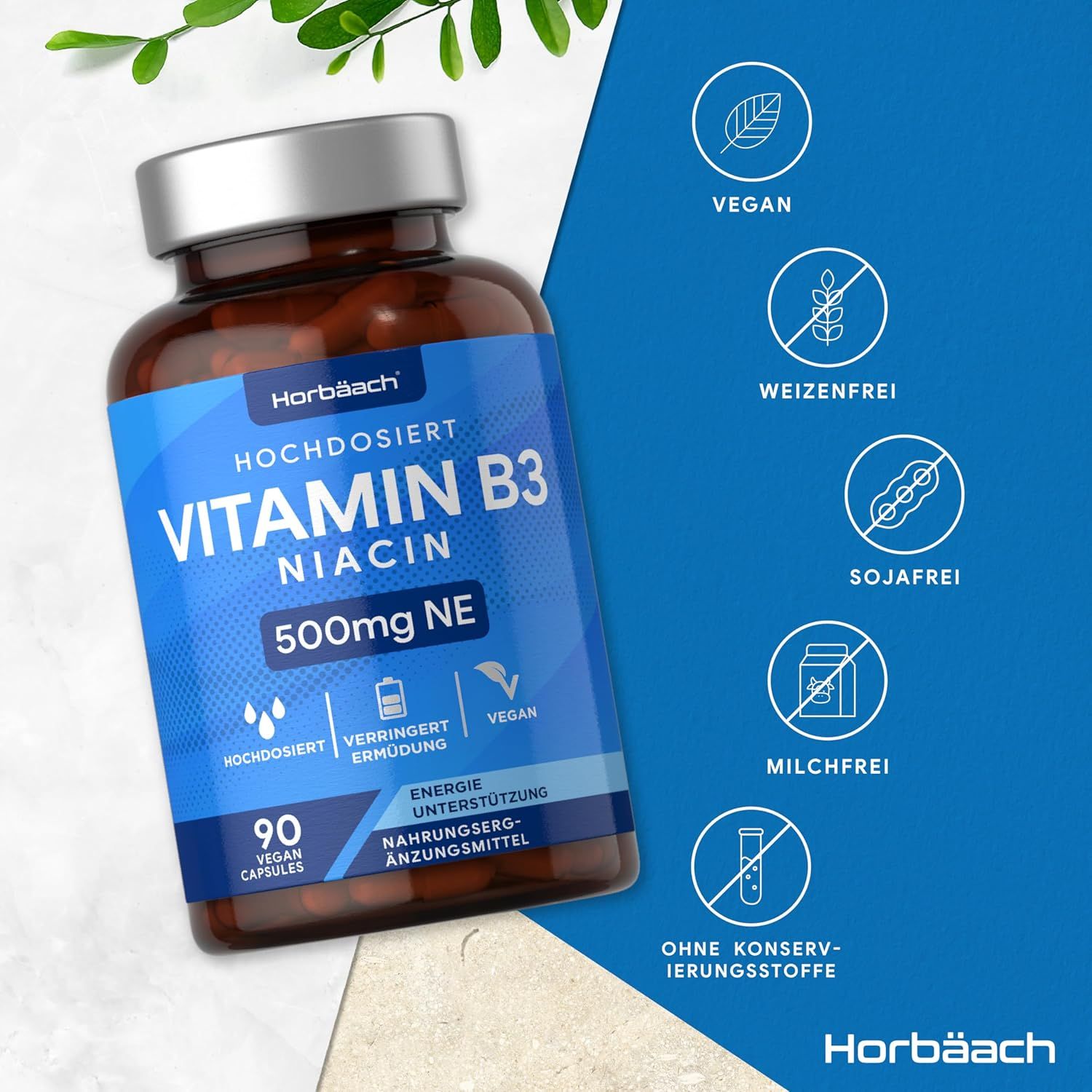 Flacone marrone con testo blu. Contiene 90 capsule di vitamina B3 Niacina 500mg. Vegano. Horbaach. Senza: glutine, soia, latte, conservanti.