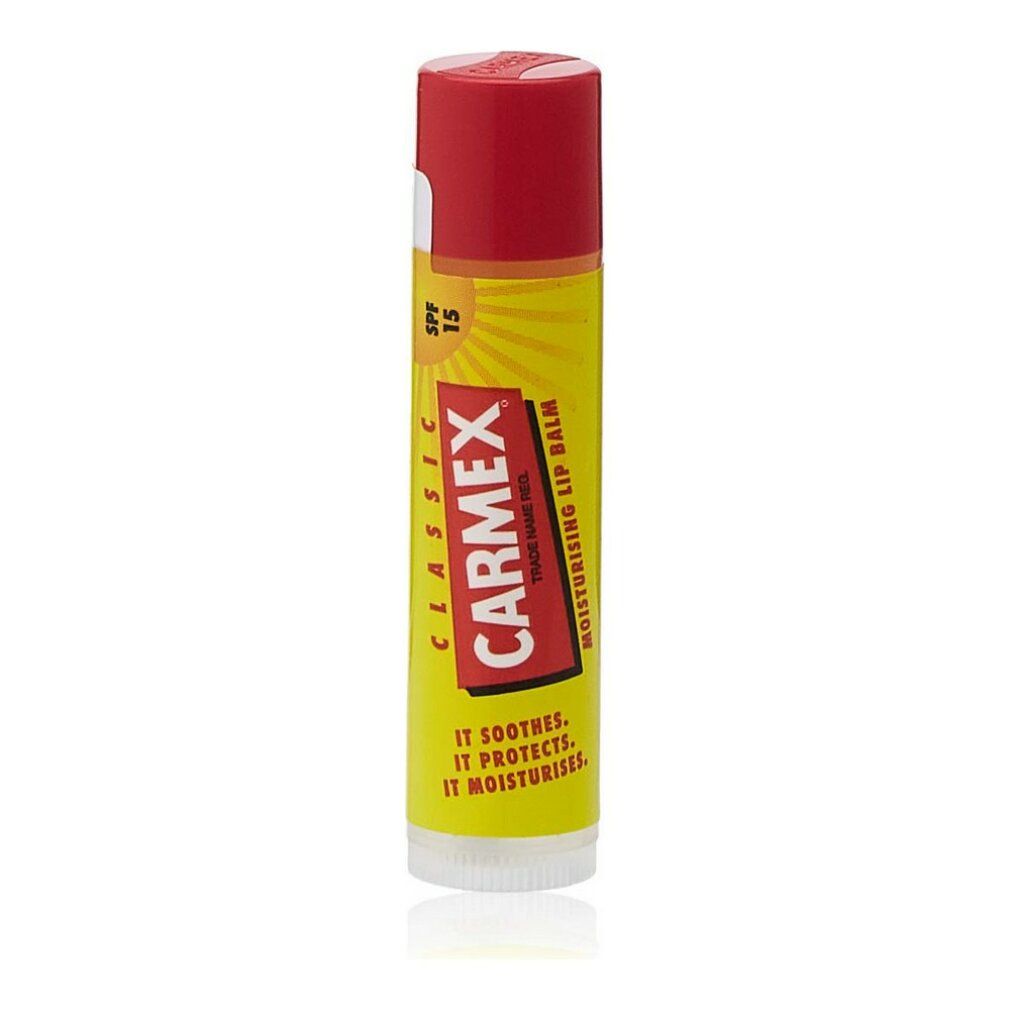 Stick labiale giallo con cappuccio rosso. Scritta: Carmex Classic, SPF 15.