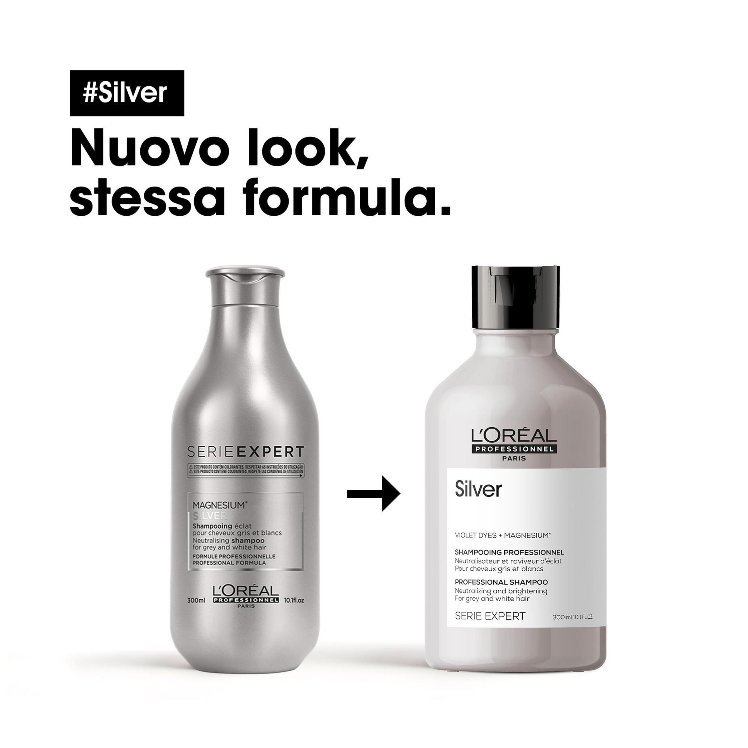 Due flaconi di shampoo argentati. Sinistra: Serie Expert Magnesium. Destra: Silver, L'Oréal Professionnel. Freccia tra i flaconi.