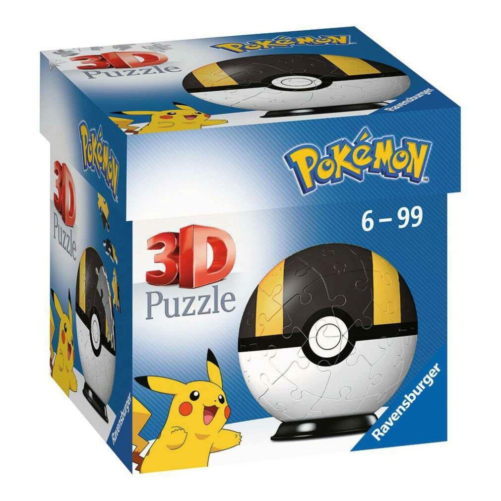 Confezione per puzzle 3D a sfera. Scatola blu con motivi Pokémon. Stampato: Puzzle 3D, Pokémon, età consigliata 6-99.