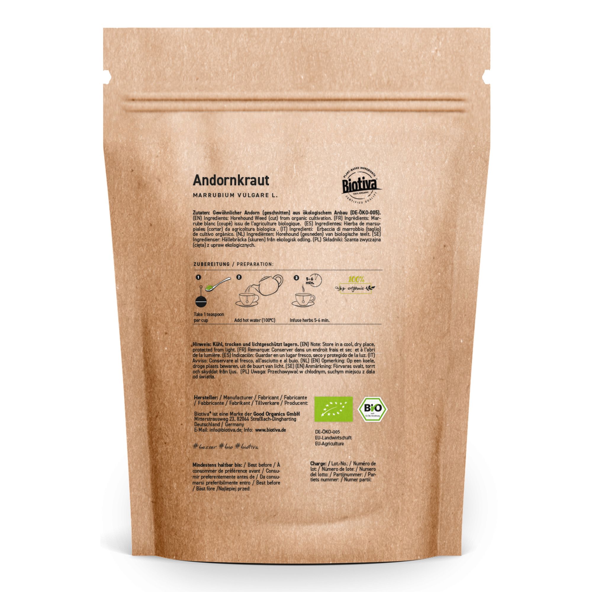 Confezione in carta marrone con informazioni sul prodotto. Scritta 'Andornkraut' e 'Biotiva'. Sigillo bio.
