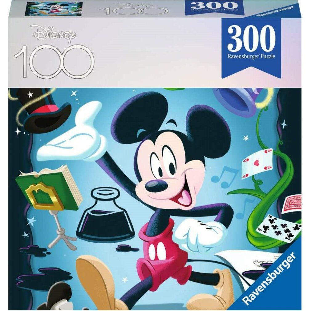 Scatola puzzle con motivo Topolino. Scritte Disney 100 e 300 Ravensburger Puzzle. Motivo Topolino sulla scatola.