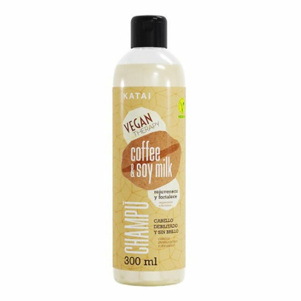 Flacone di shampoo Katai, tappo nero. Scritta: Vegan Therapy, coffee & soy milk, Champú, 300 ml.