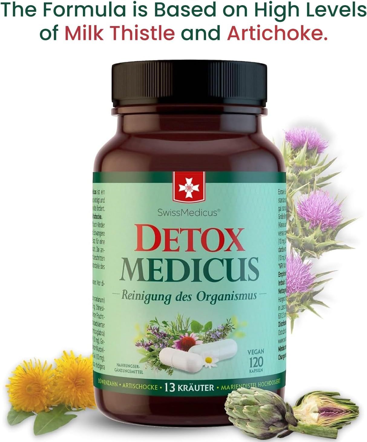 Flacone marrone con capsule. Scritta: Detox Medicus, 120 capsule, vegan. Testo: Cardo mariano e carciofo.