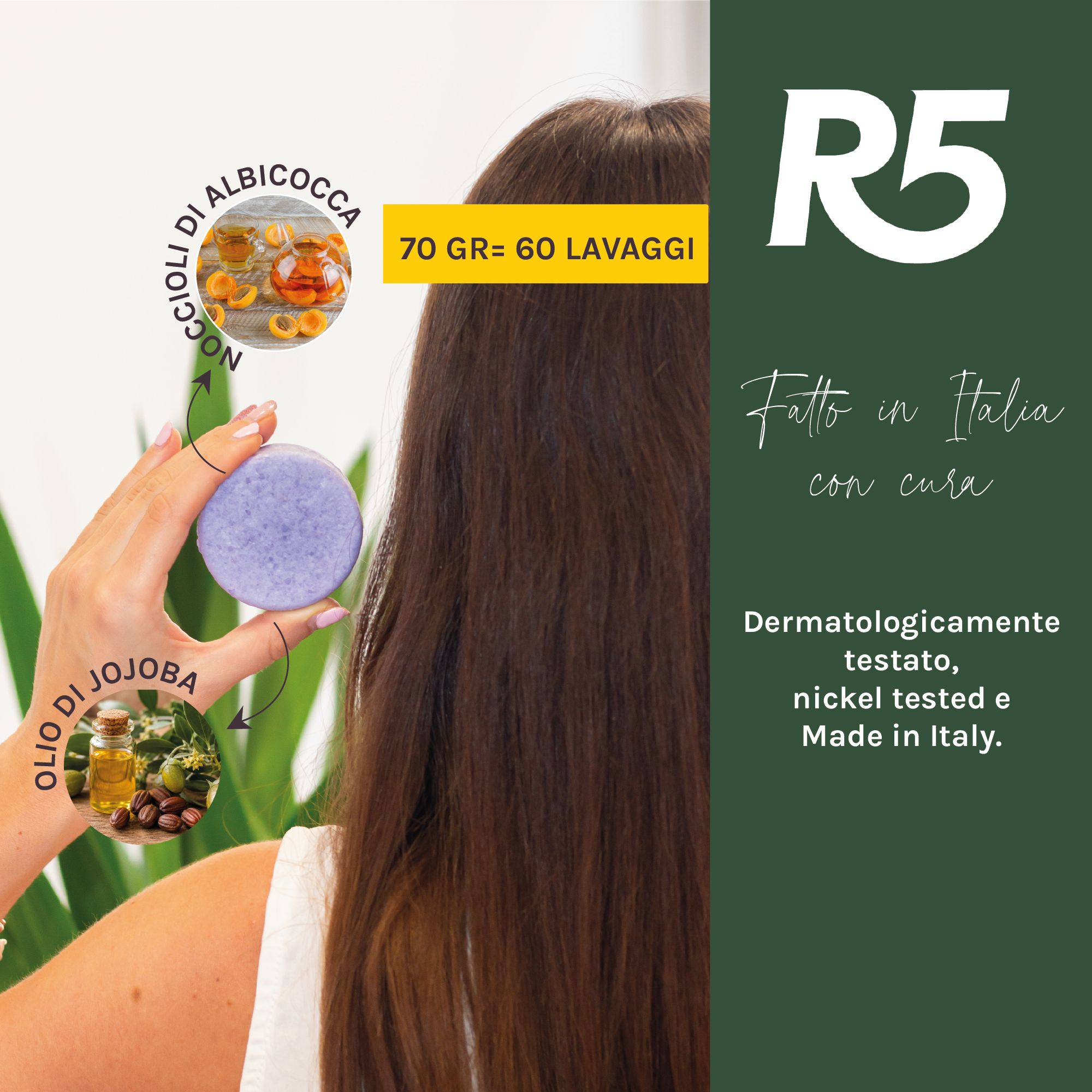 R5 balsamo solido in mano, con olio di jojoba e albicocca.