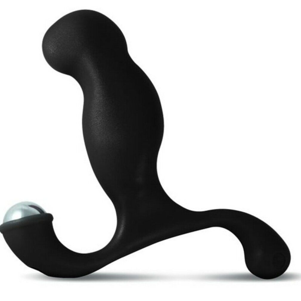 Prodotto benessere nero, forma curva, sfera metallica. Design ergonomico.