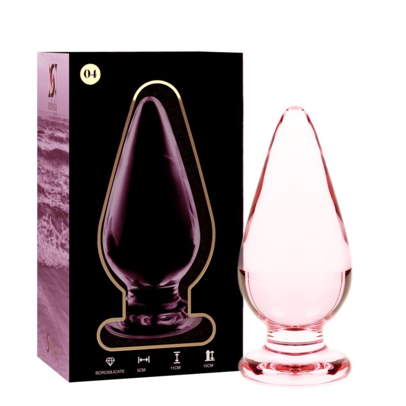 Plug anale in vetro rosa con base larga, lungo 11 cm, largo 5 cm.
