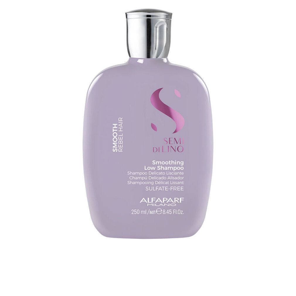 Flacone di shampoo viola con tappo argentato. Testo: Smooth Rebel Hair, Semi Di Lino, Smoothing Low Shampoo, senza solfati. Marchio: Alfaparf Milano.