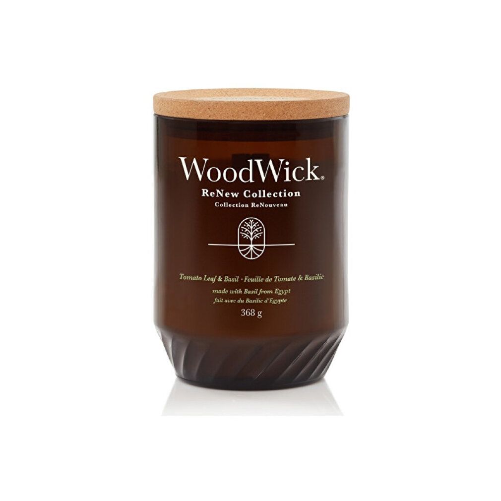 Candela marrone con coperchio in sughero. Scritta: WoodWick, ReNew Collection, Tomato Leaf & Basil. Contenitore in vetro, 368g.