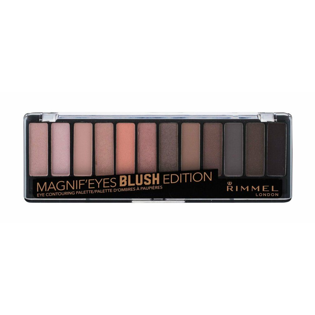 Palette ombretti Rimmel Magnif'eyes Blush Edition. 12 tonalità in una palette nera. Testo sulla confezione.