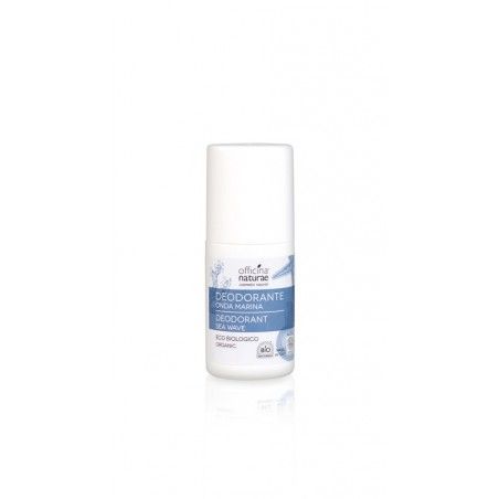 Deodorante roll-on bianco con testo blu. Officina Naturae, Deodorante, Eco Biologico, Sea Wave.