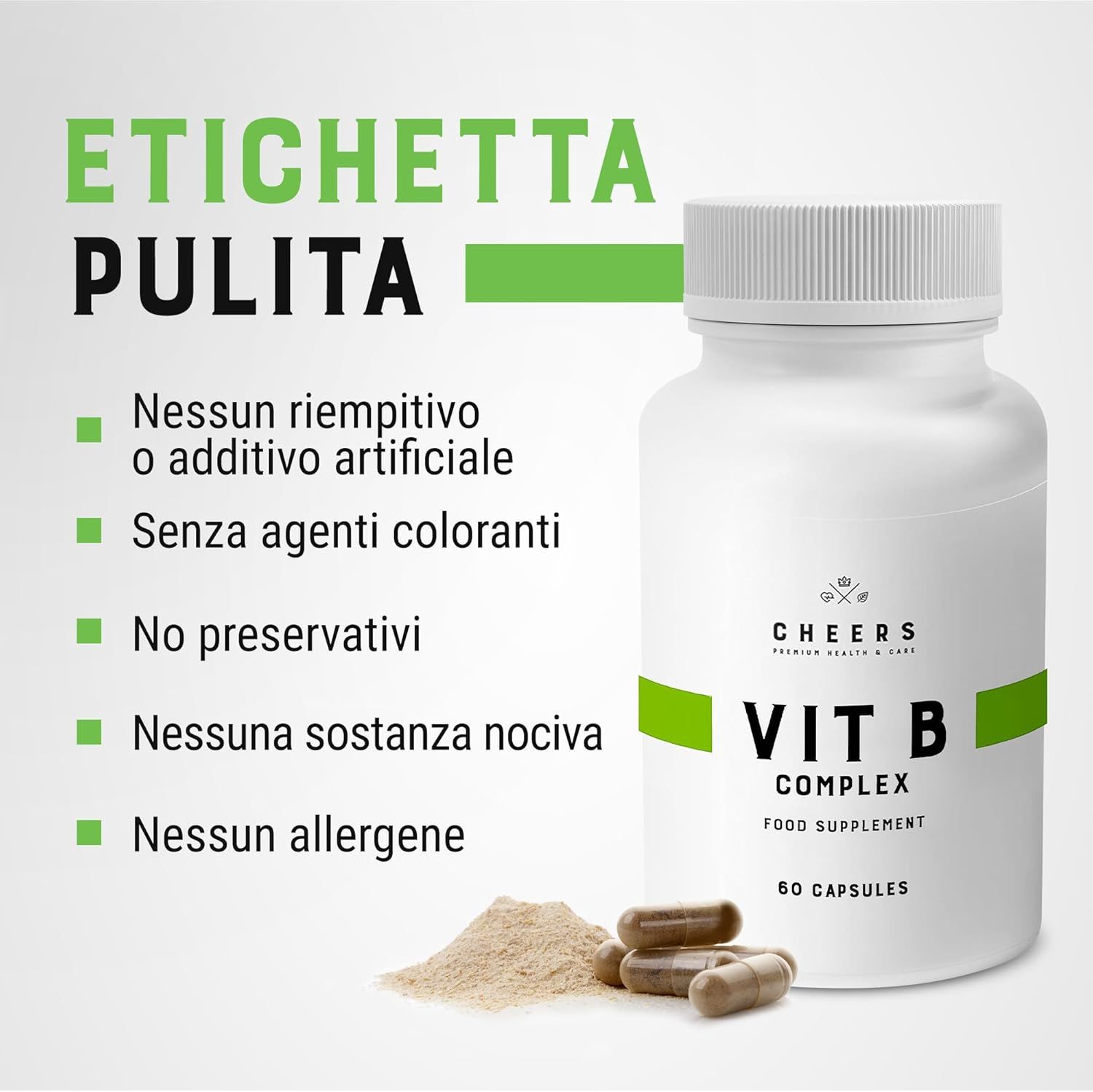 Flacone bianco Vitamina B Complex. 60 capsule. Testo: Senza additivi, coloranti, conservanti, sostanze nocive, allergeni.
