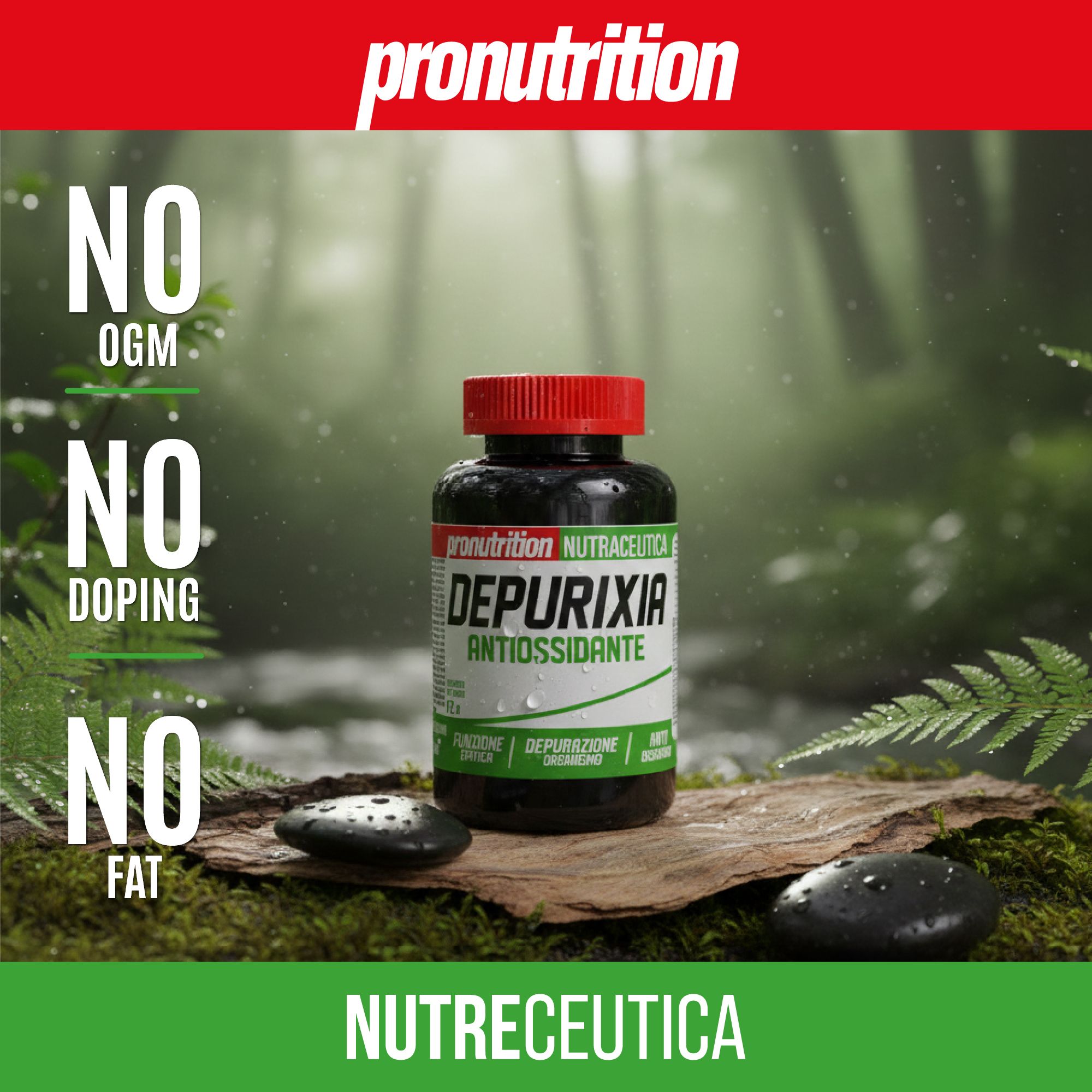 Flacone nero con tappo rosso. Scritta: Depurixia, antiossidante. Su un pezzo di legno, con testo: NO OGM, NO DOPING, NO FAT.