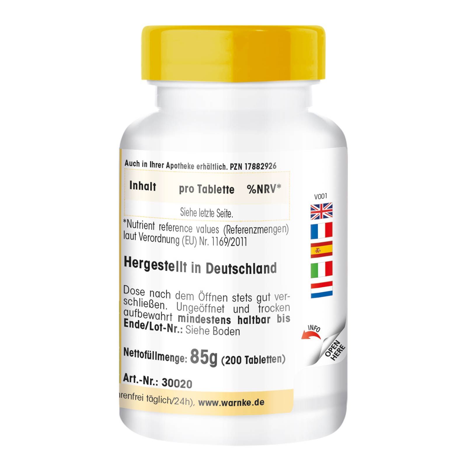 Retro del flacone di pillole. Testo: Contenuto per compressa, prodotto in Germania, peso netto 85g (200 compresse).