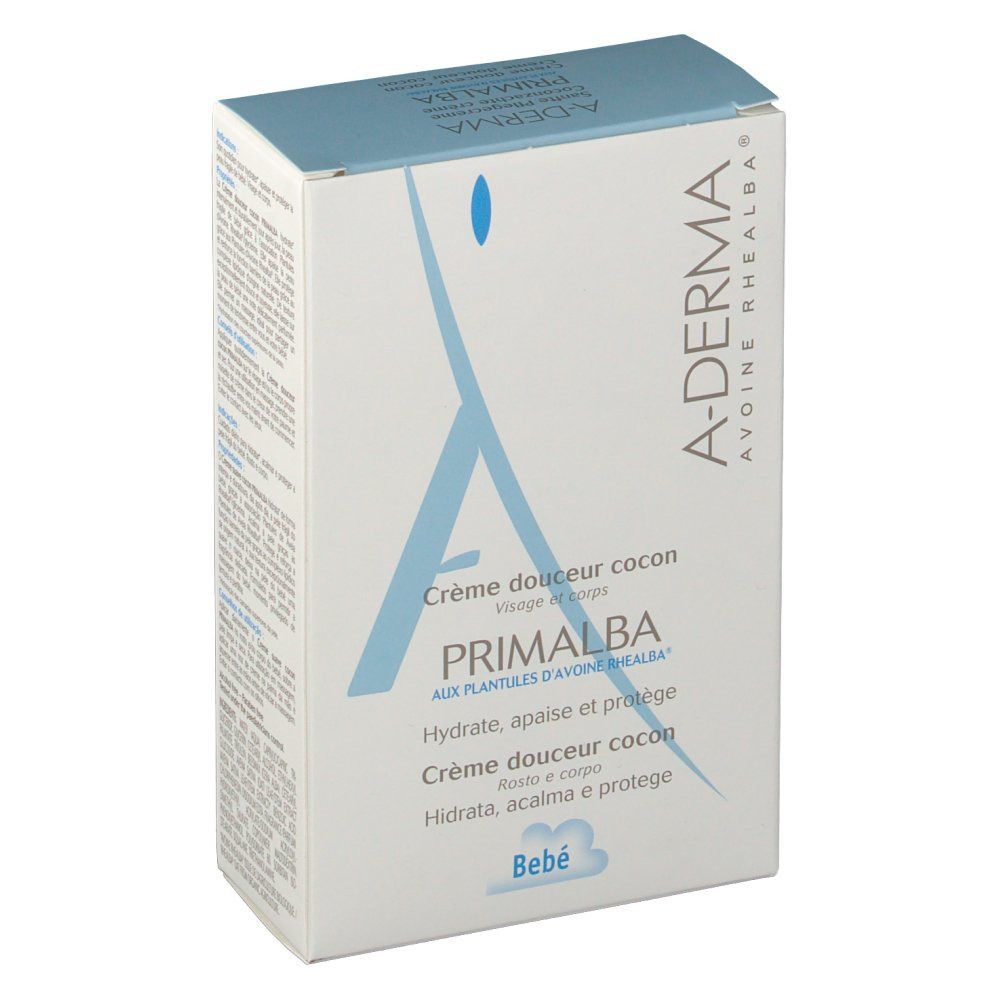 Confezione in cartone. Logo A-DERMA e PRIMALBA. Testo: Crème douceur cocon, Idratare, lenire e proteggere. Bambino.