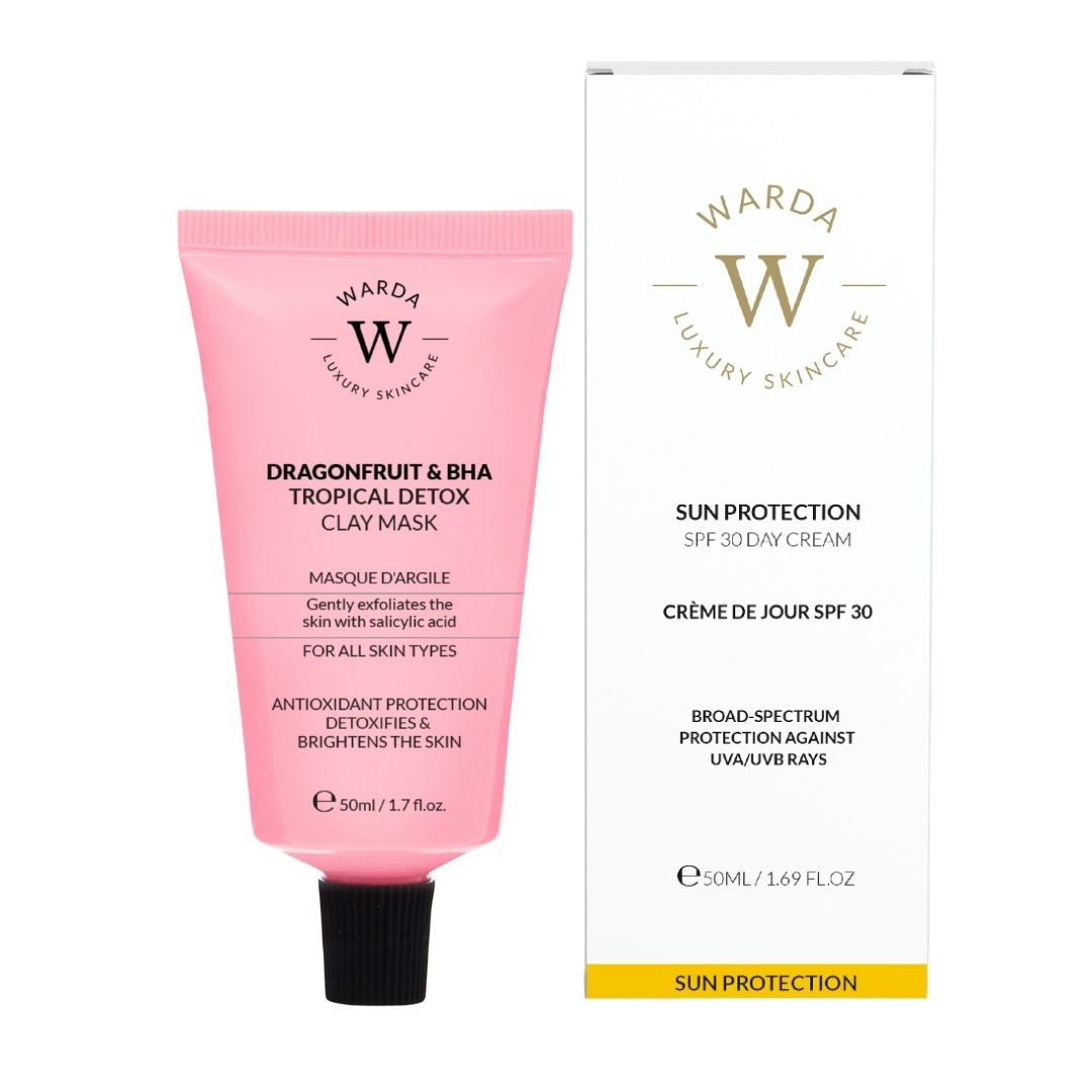 Tubo rosa e scatola bianca. Scritto: Warda Luxury Skincare, Dragonfruit & BHA Clay Mask, Crema giorno SPF 30.