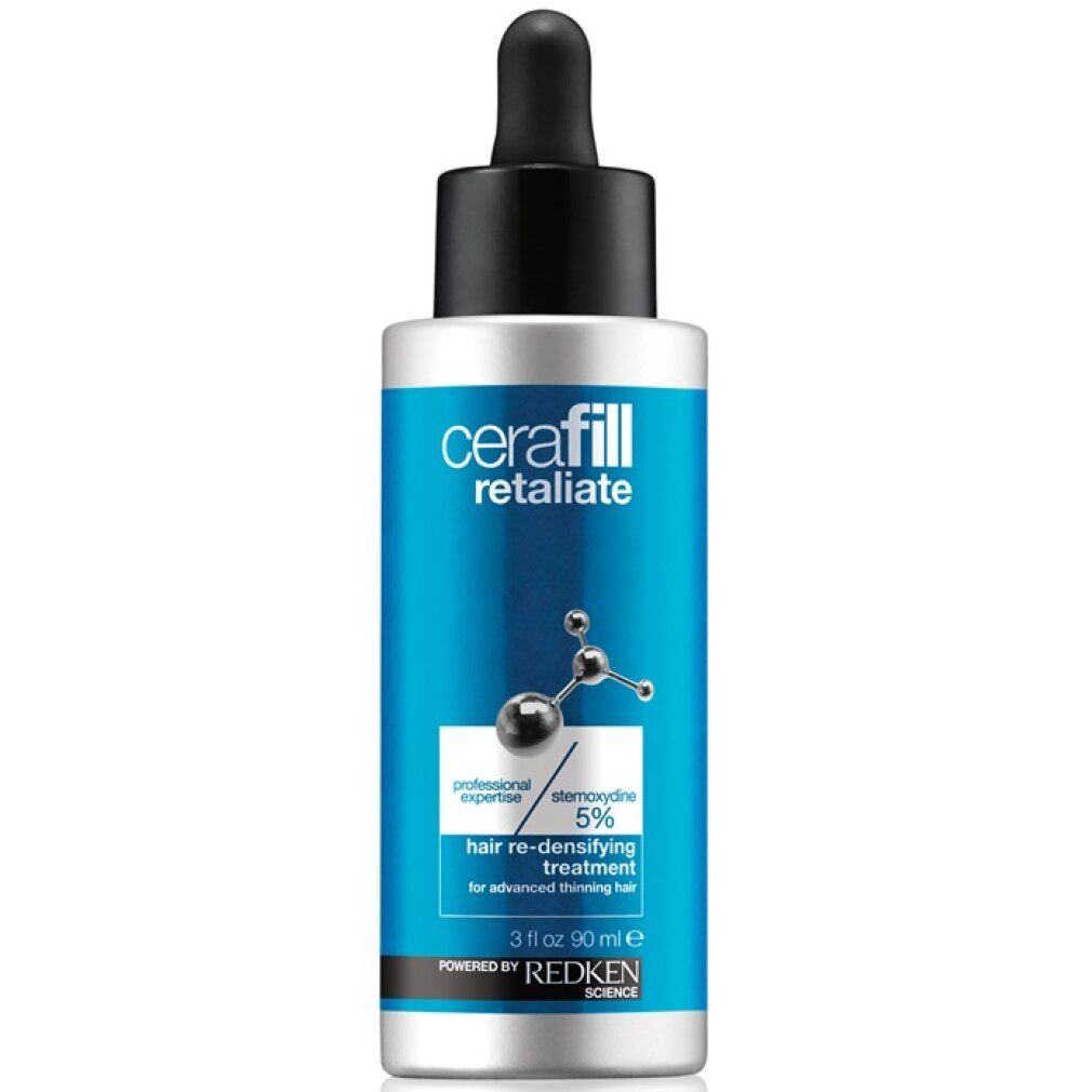 Trattamento Cerafill Retaliate. Flacone blu con contagocce nero. Contiene 5% Stemoxydine. Per capelli diradati.