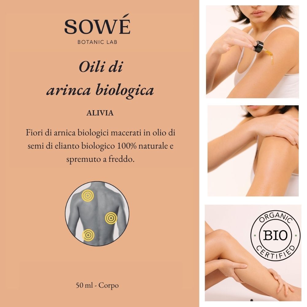 Etichetta con testo e illustrazioni. Scritta: SOWÉ, Oili di arnica biologica, 50 ml. Con sigillo bio.