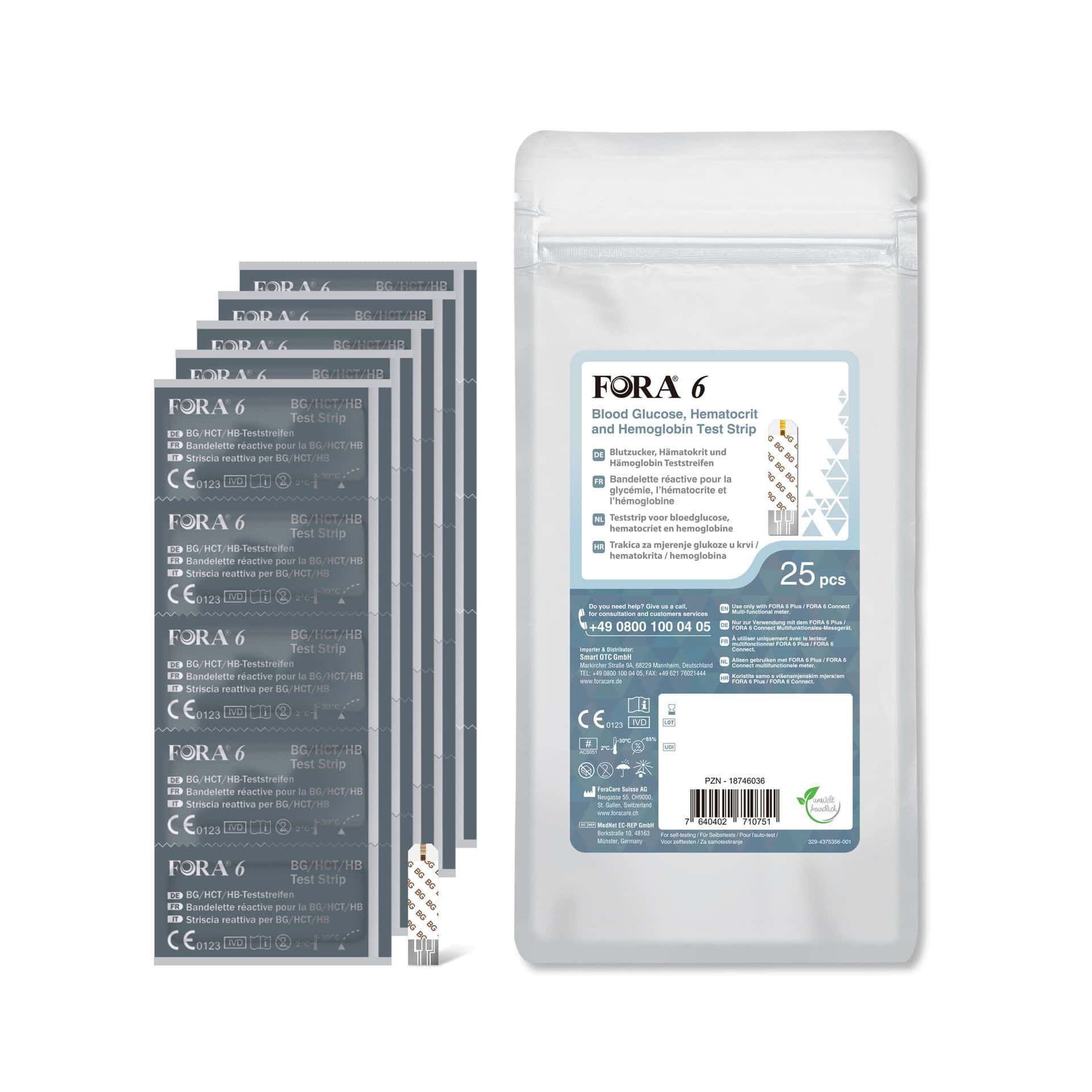 Confezione FORA 6 Blood Glucose, Hematocrit & Hb Test Strip con 25 strisce e cinque confezioni.