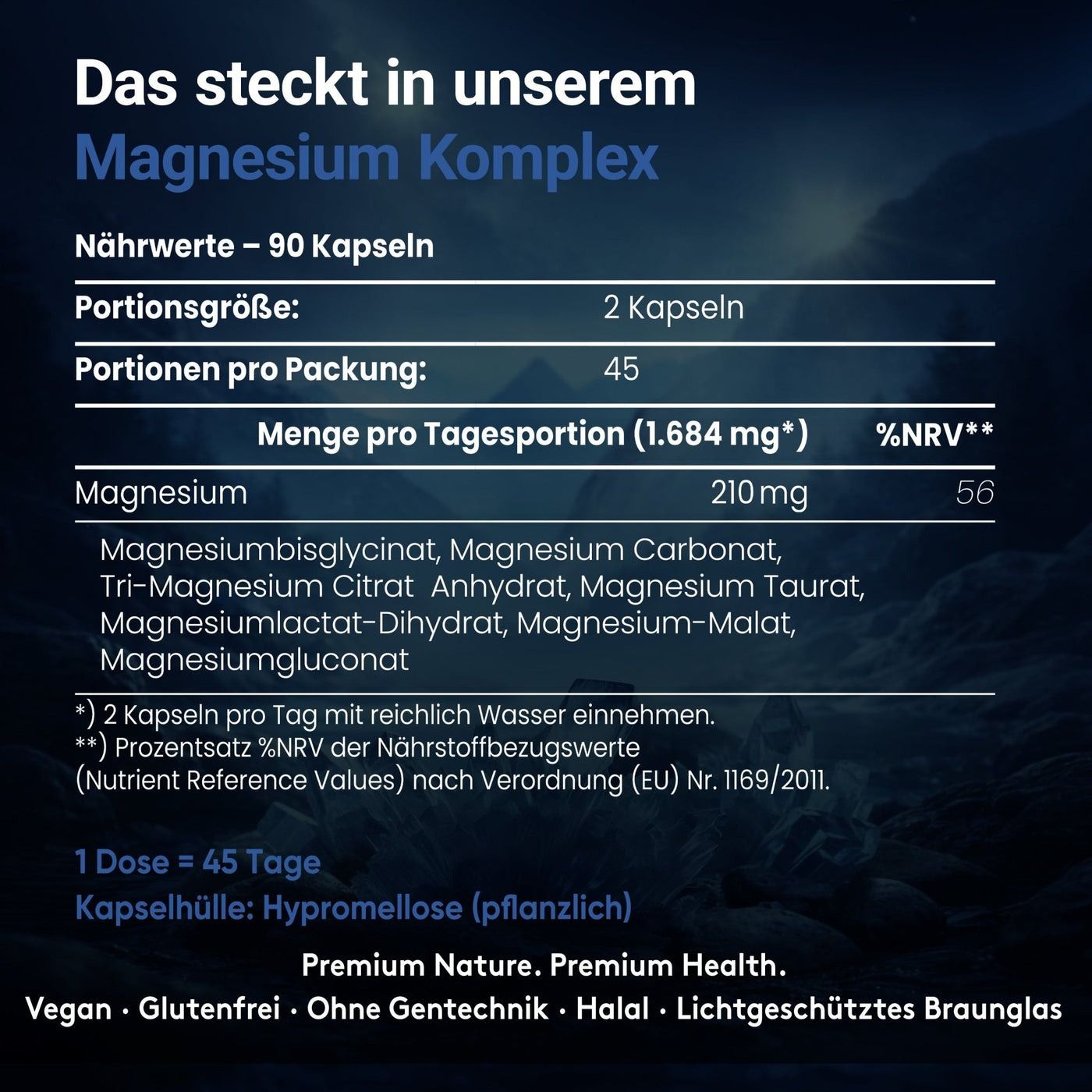 Informazioni nutrizionali per Doktor Health Magnesium Komplex. 90 capsule. 2 capsule per porzione. 210mg di magnesio. Vegano, senza glutine, senza OGM.