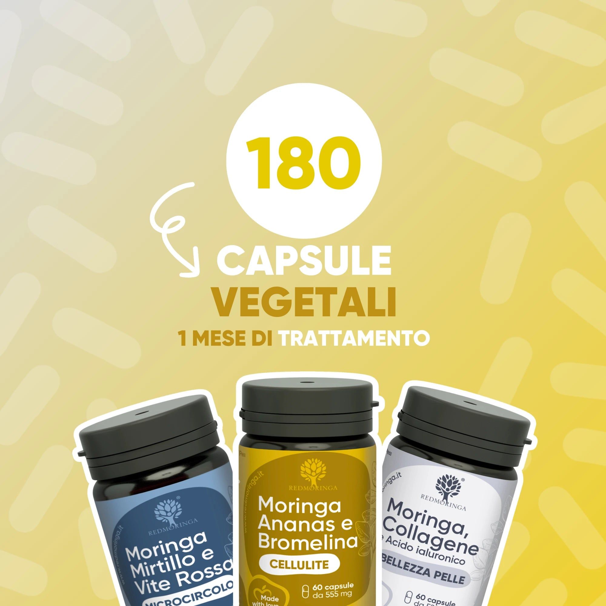 Tre flaconi di capsule. Testo: 180 CAPSULE VEGETALI. 1 MESE DI TRATTAMENTO. Scritte: Moringa, Ananas, Collagene. Sfondi giallo e blu.