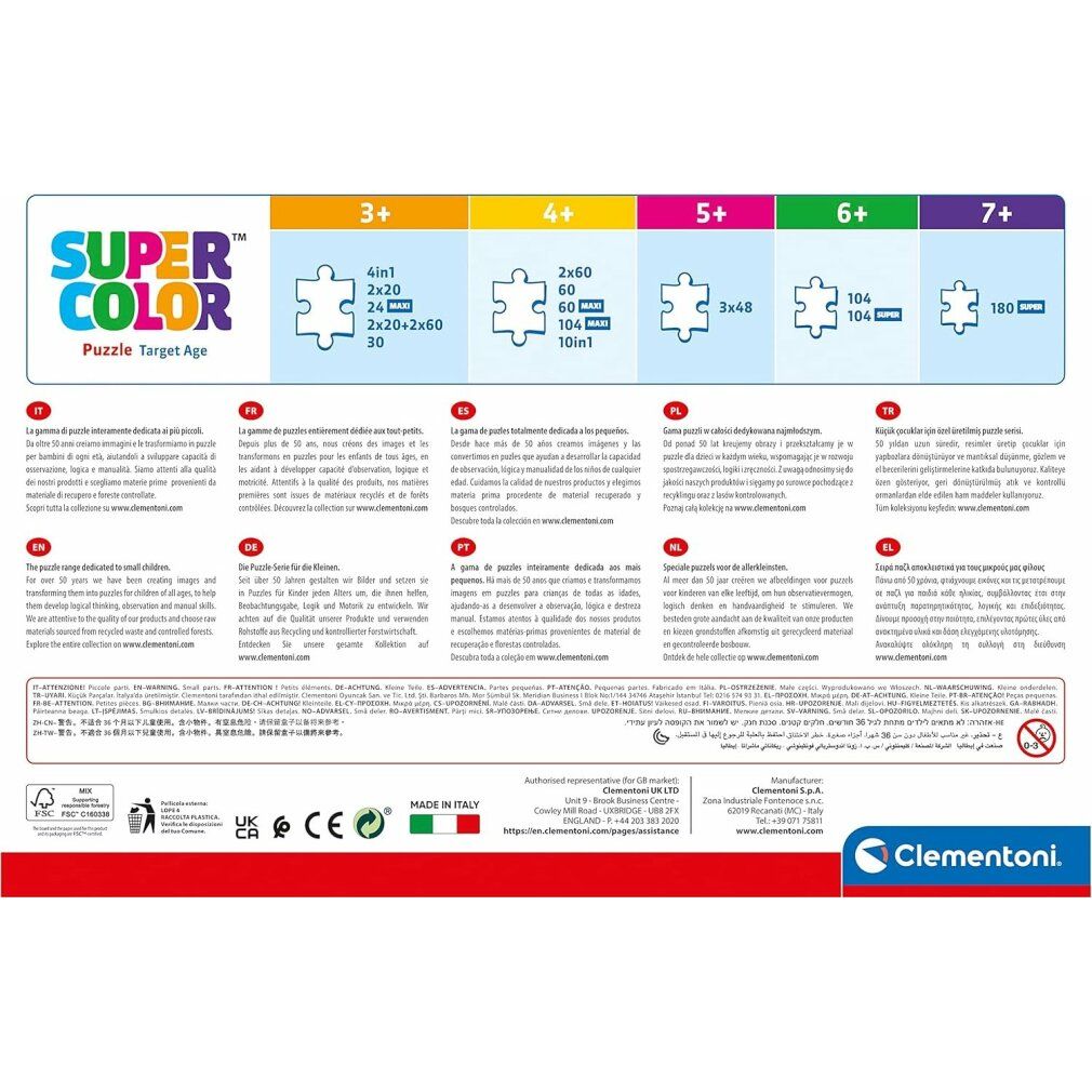 Retro della scatola del puzzle. Informazioni sull'età target e il numero di pezzi. Marchio Clementoni. Prodotto in Italia.
