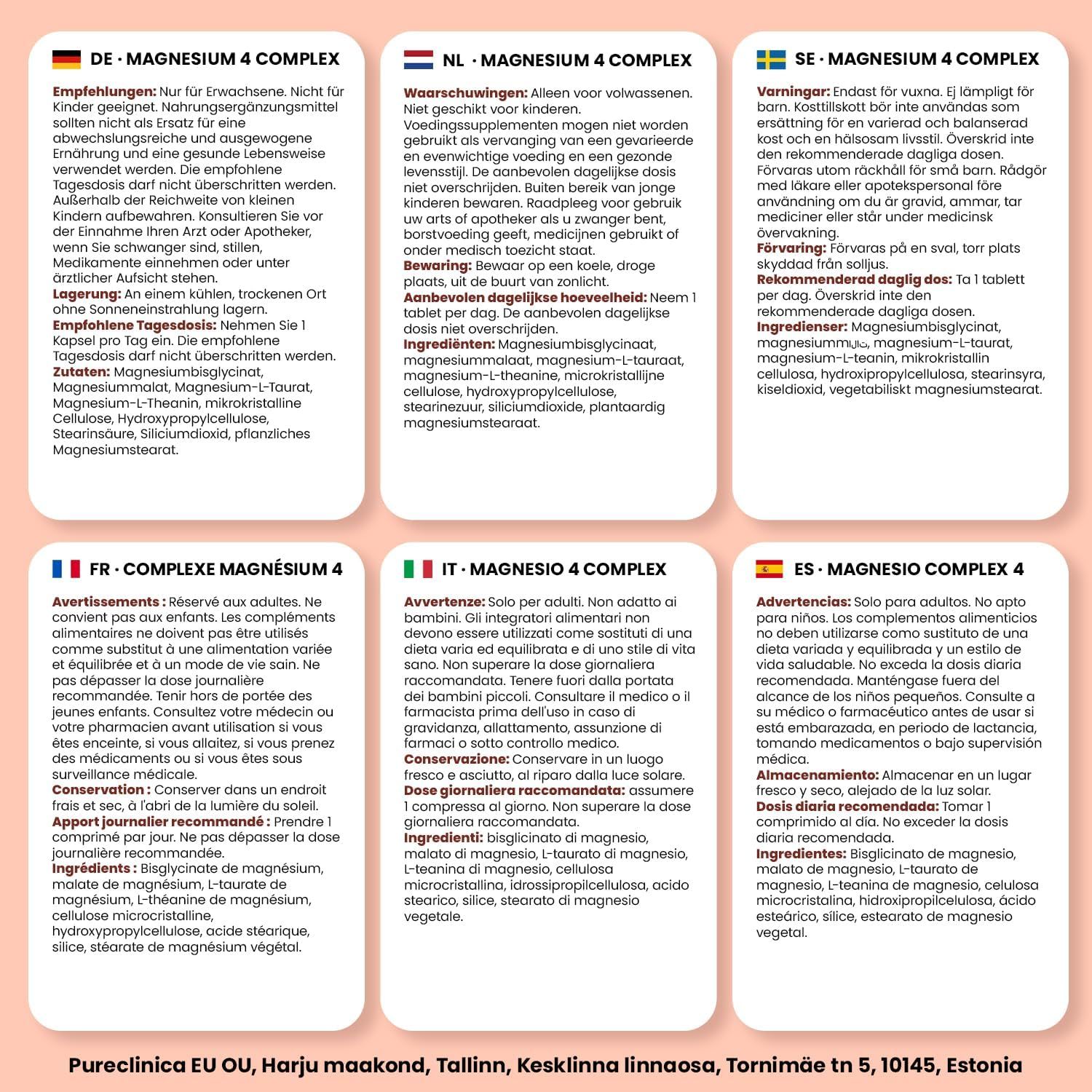 Sei blocchi di testo in diverse lingue. Contiene informazioni su 'Magnesium 4 Complex' in tedesco, francese, italiano, olandese e spagnolo.