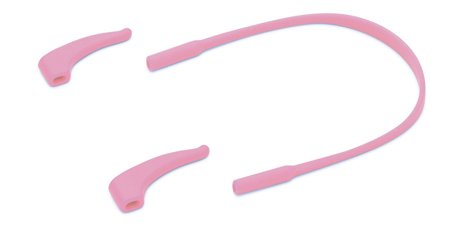 Cinturino e terminali per occhiali rosa. Due terminali e un cinturino. Realizzati in materiale flessibile.
