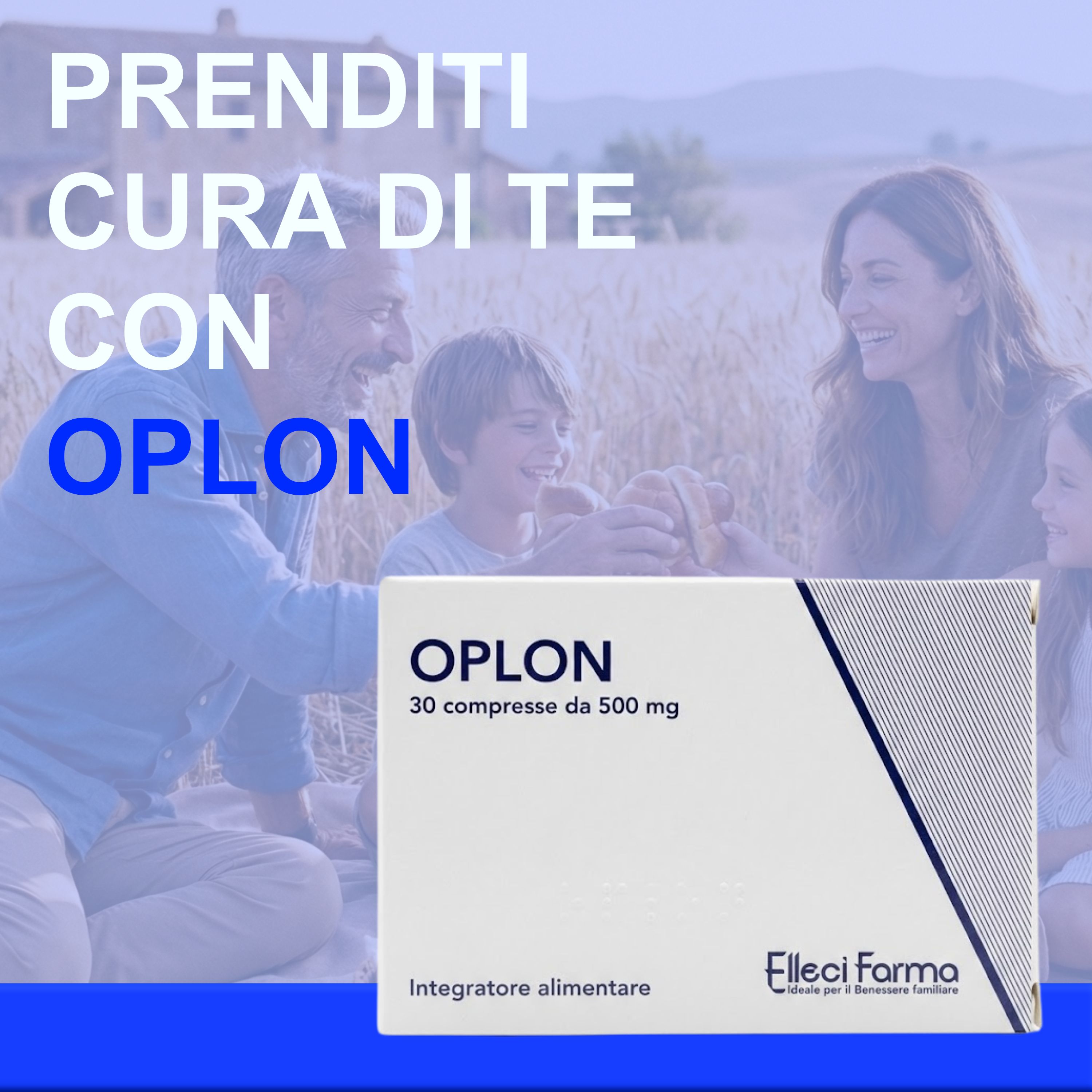 Famiglia in un campo. Scatola OPLON. Logo Elleci Farma. 30 compresse, 500 mg.