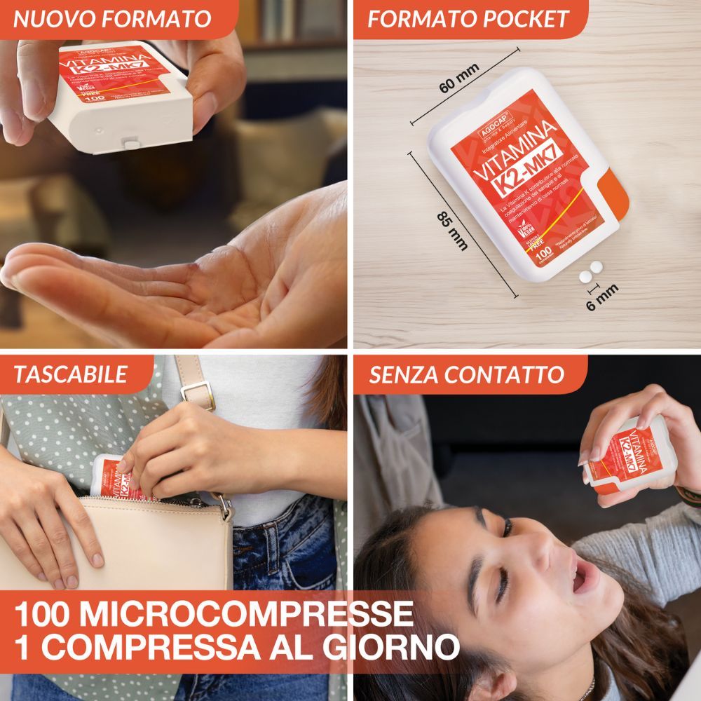 Diverse immagini. Confezione del prodotto, mano, borsa, bocca. Testo: 100 microcompresse, 1 compressa al giorno.