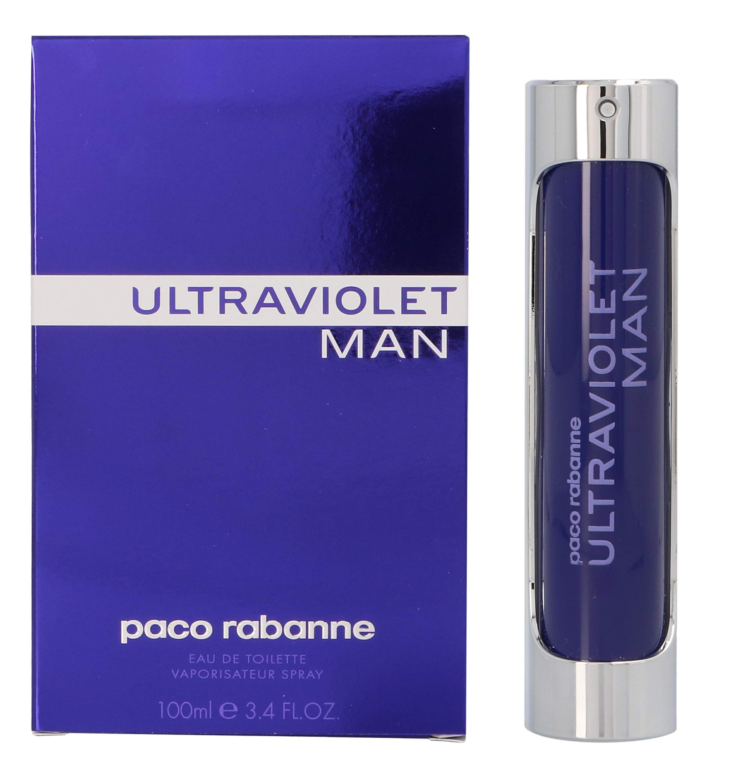 Scatola blu e flacone. Flacone con tappo argentato e testo ULTRAVIOLET MAN. Scatola e flacone affiancati.