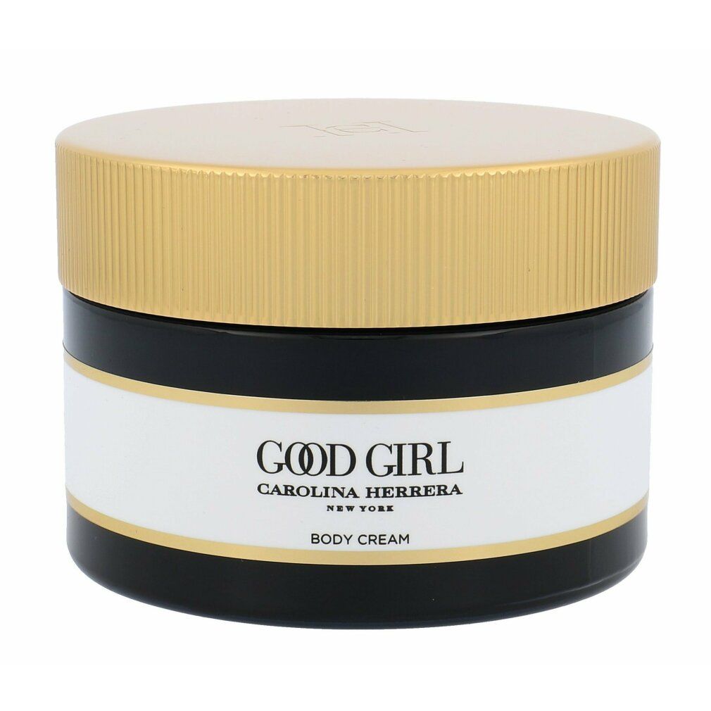 Vasetto con coperchio dorato e fascia bianca, scritta "Good Girl Body Cream".