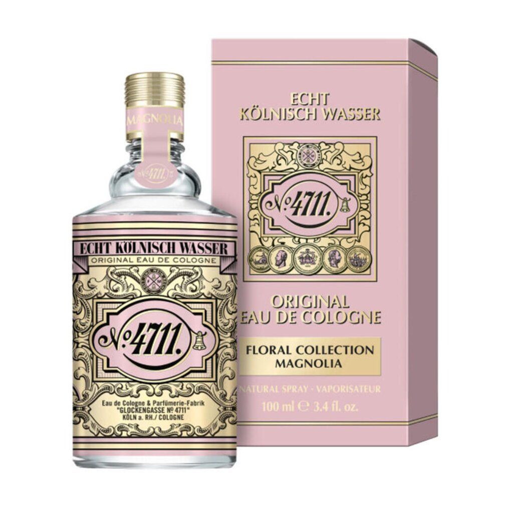 Flacone e confezione di eau de cologne. Etichette rosa e oro. Scritta: Floral Collection Magnolia.