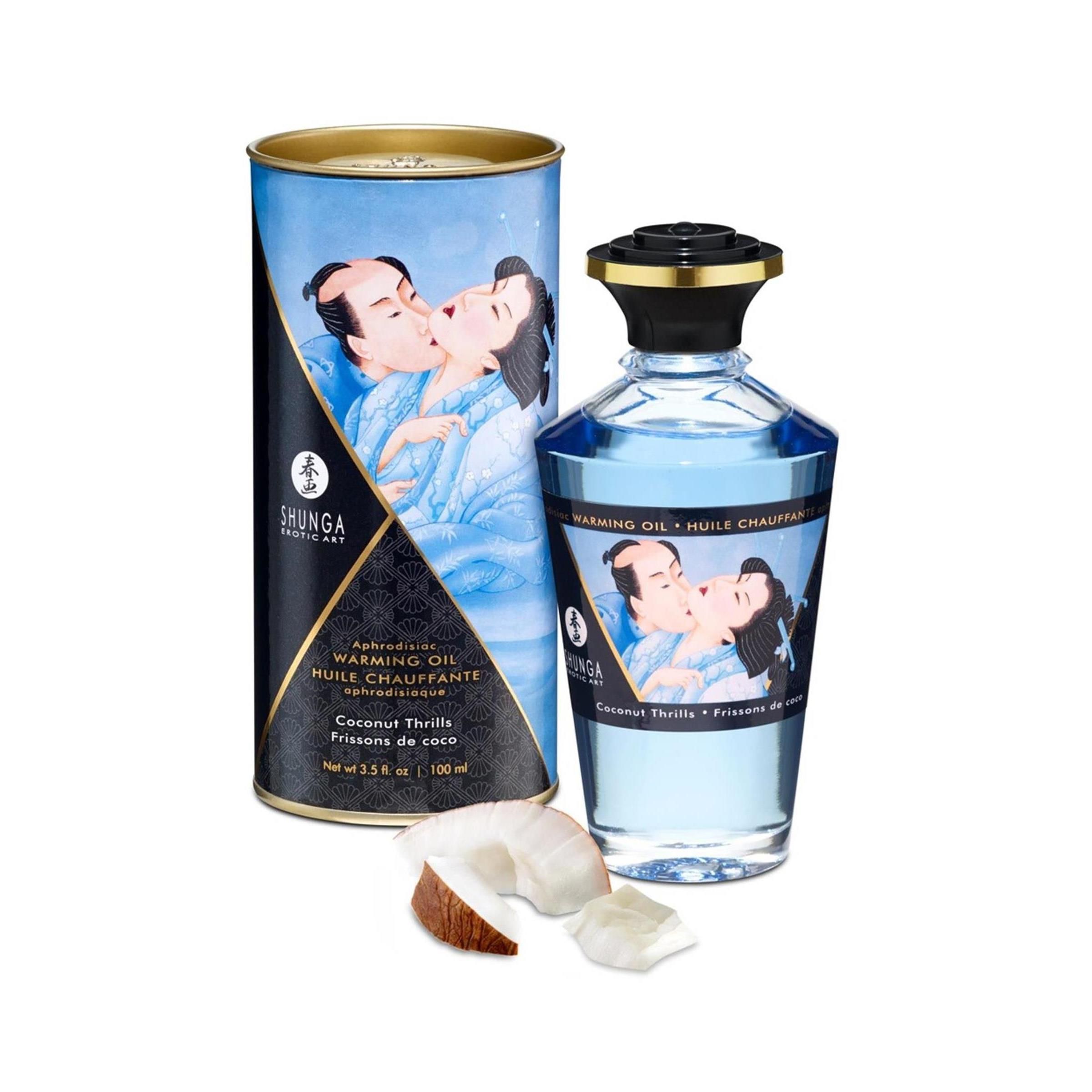 Confezione cilindrica e flacone di olio per massaggio. Immagine di coppia. Testo: Warming Oil, Coconut Thrills.