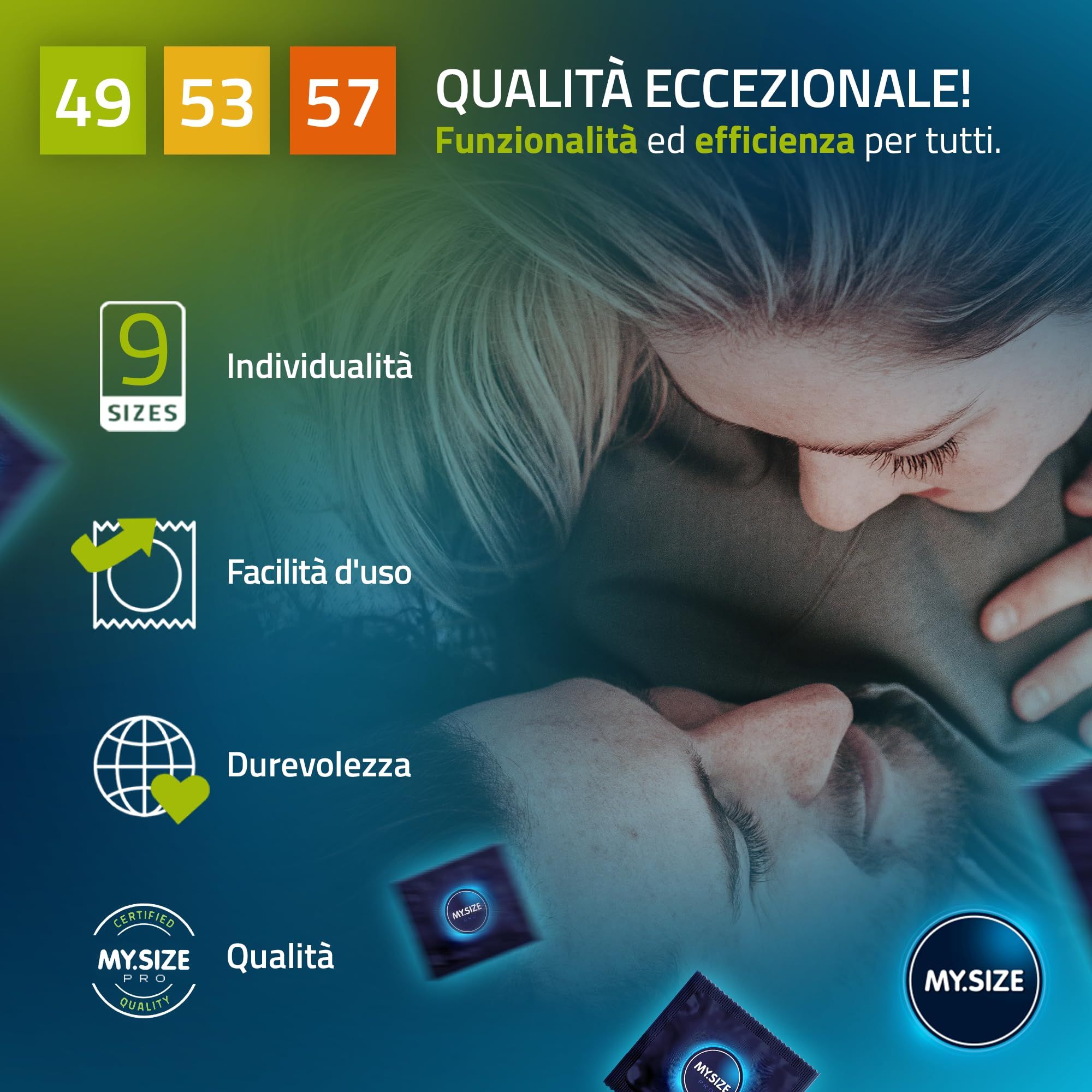 Coppia in primo piano. A sinistra, icone per 9 taglie, facilità d'uso, durabilità, sigillo di qualità.