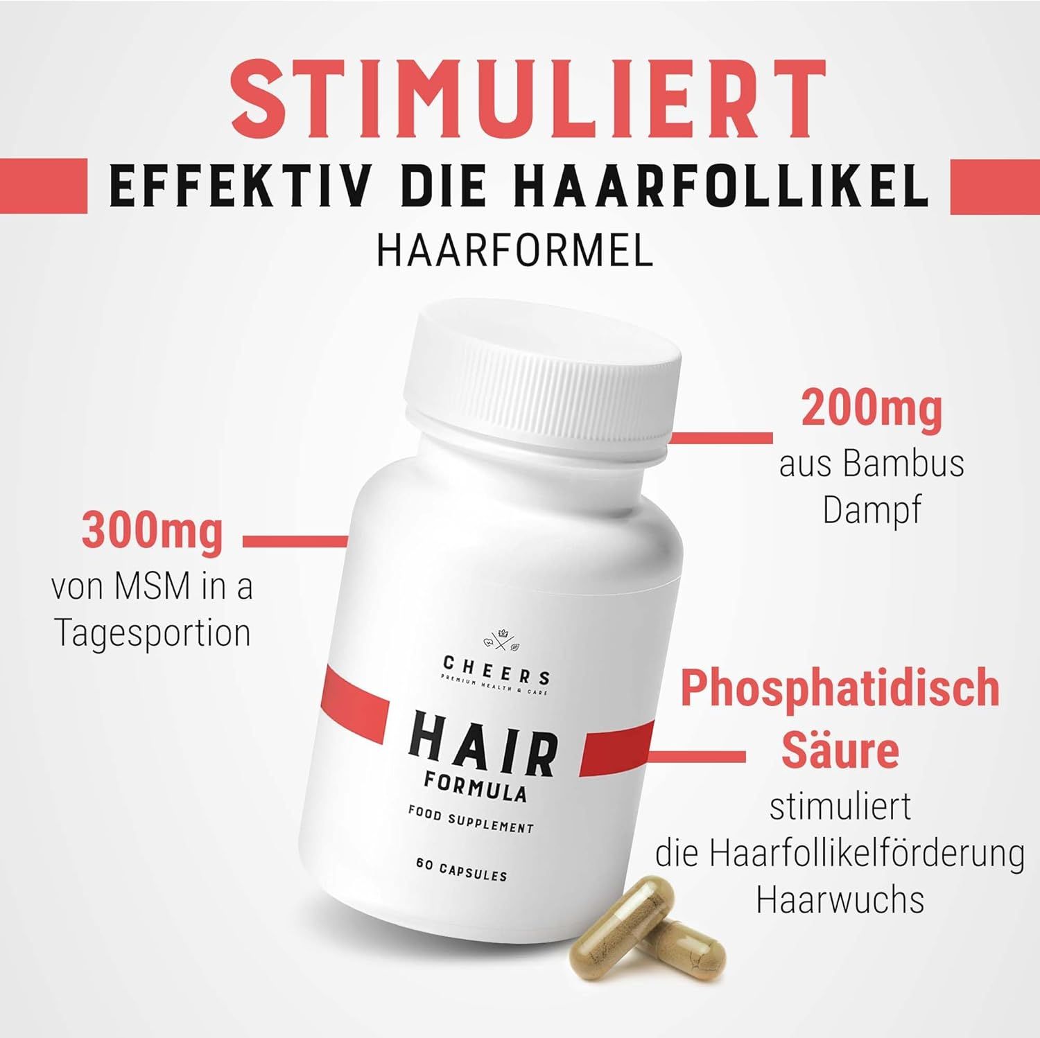 Flacone HAIR FORMULA. Testo: Stimola i follicoli piliferi. Ingredienti: MSM, bambù, acido fosfatidico.