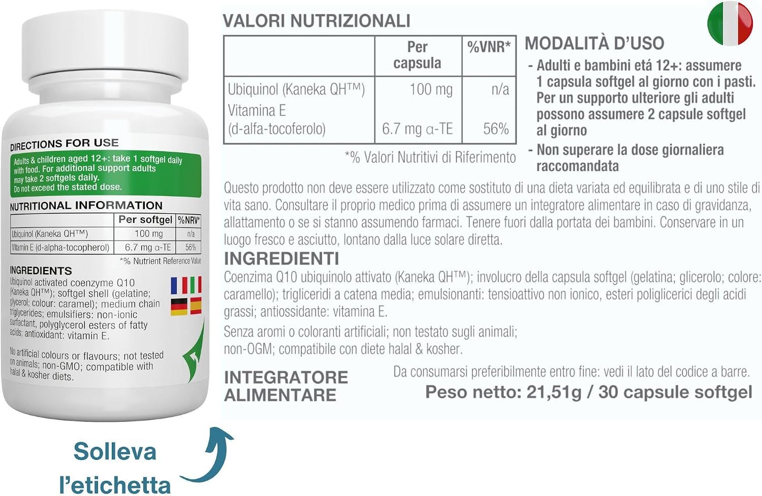 Flacone Ubichinol-QH con icone per attività clinica e biodisponibilità.