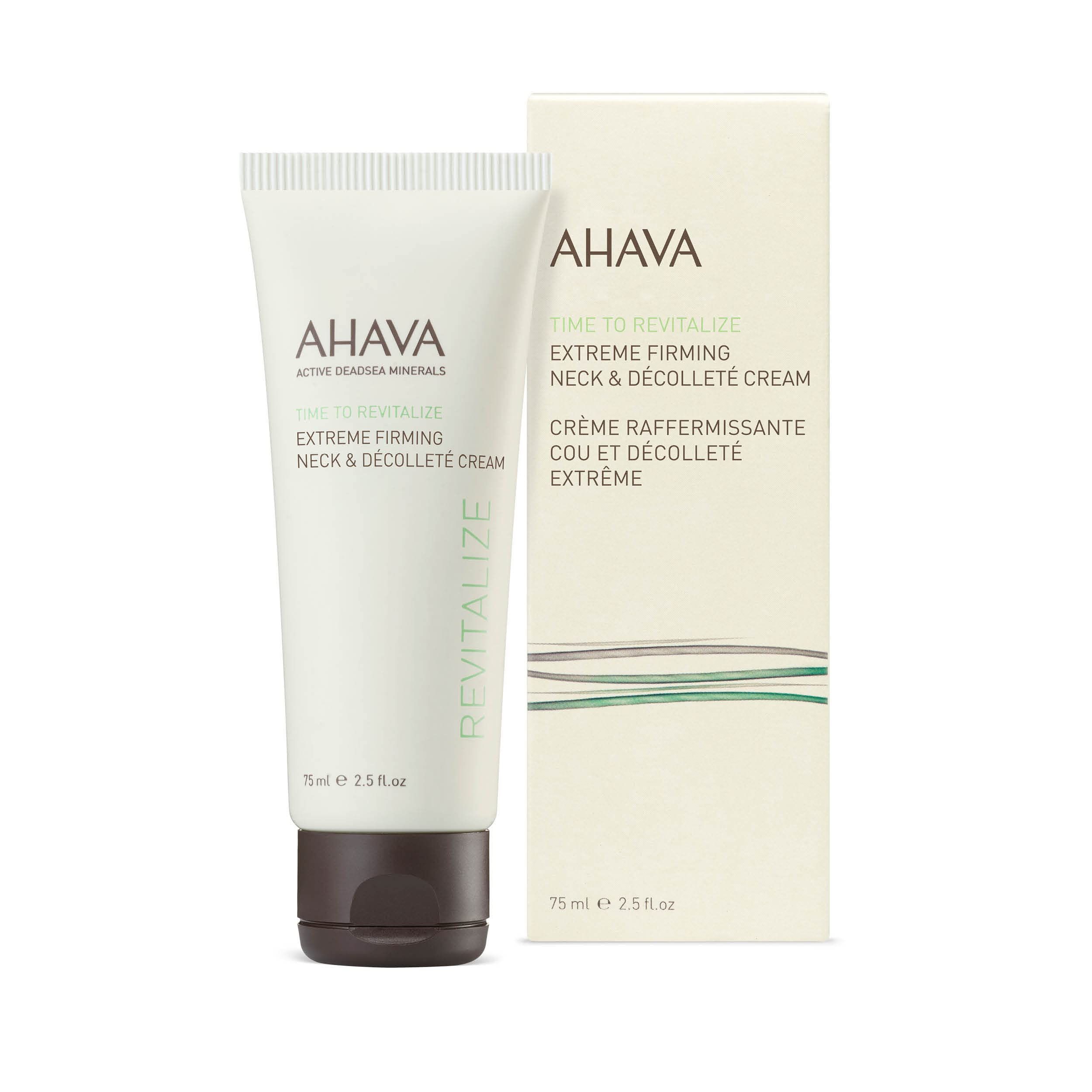 Tubo e confezione del prodotto. Tubo e scatola con nome e descrizione del prodotto. Testo: AHAVA, Time To Revitalize, Extreme Firming Neck & Décolleté Cream.