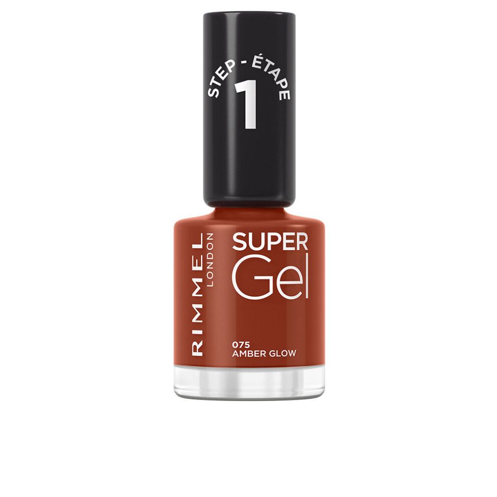 Flacone di smalto ambrato. Tappo nero con scritta bianca. Nome prodotto: Super Gel. Tonalità: 075 Amber Glow.