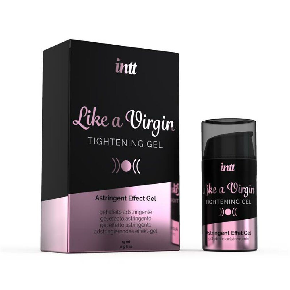 Confezione e flacone neri. Testo: INTT, Like a Virgin, Tightening Gel. Accento rosa. Flacone con tappo trasparente.