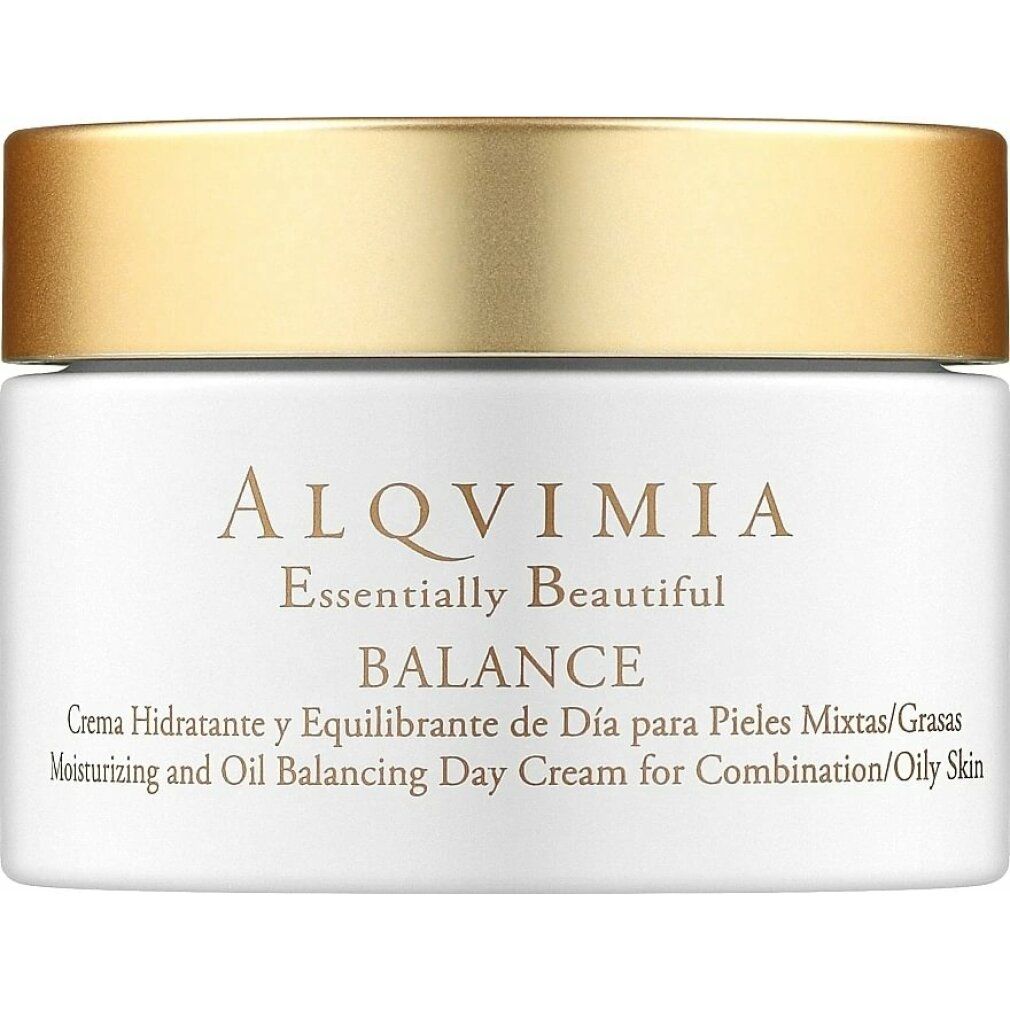 Vasetto di crema con coperchio dorato. Scritta: ALQVIMIA, BALANCE, crema idratante per pelli miste/grasse.