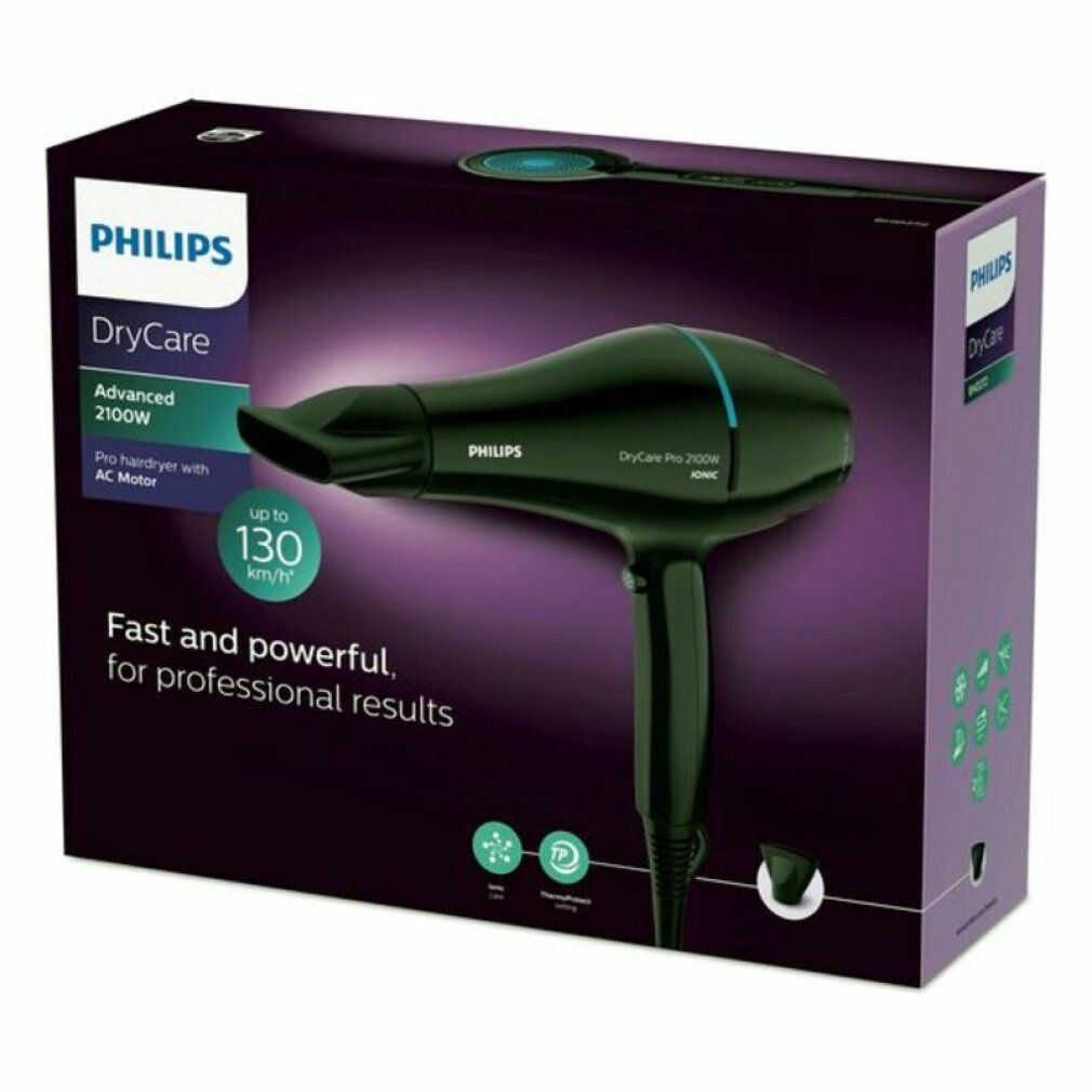 Confezione dell'asciugacapelli Philips DryCare. Asciugacapelli nero su sfondo viola. Testo: 'Fast and powerful'.