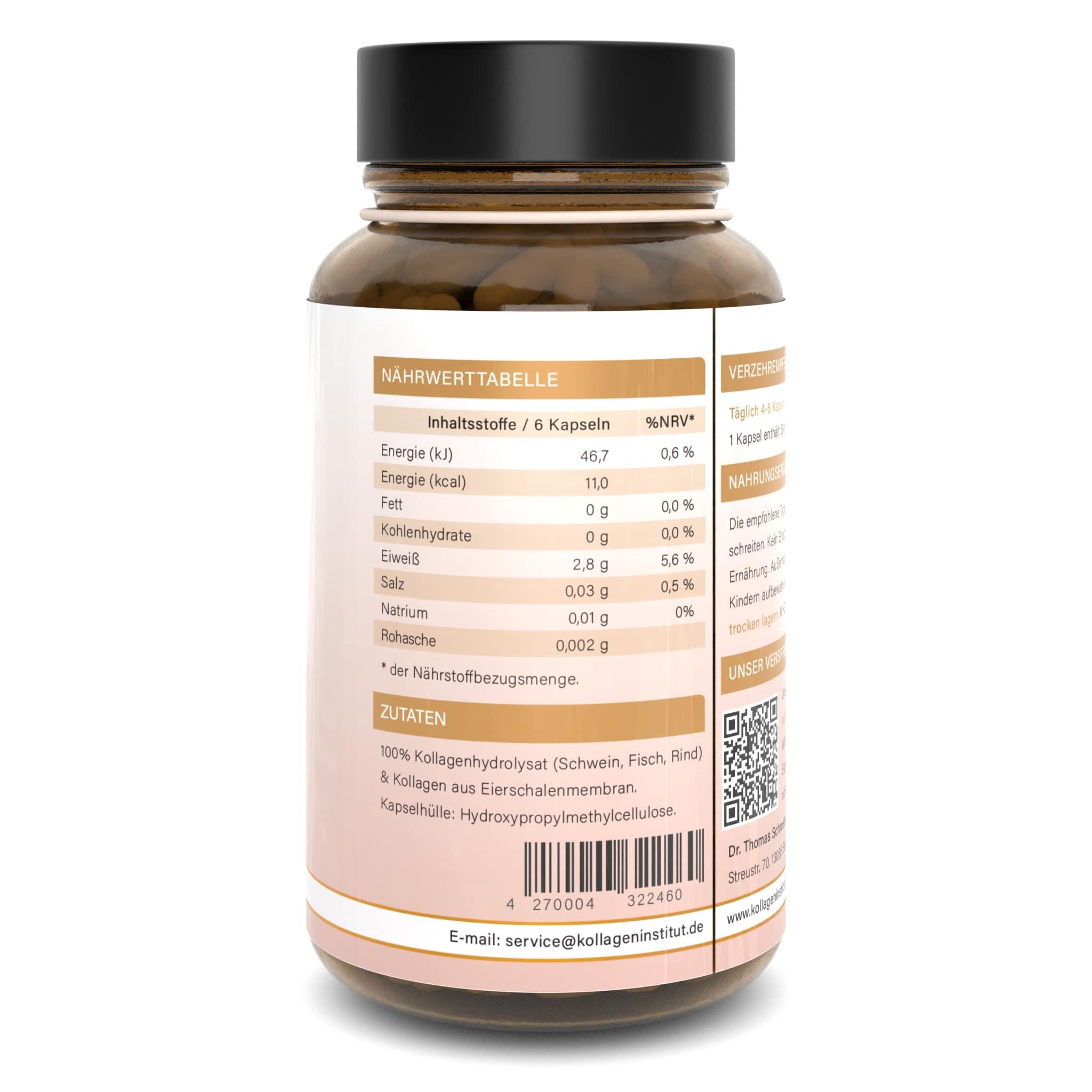 Flacone di vetro marrone con capsule. Retro con testo: tabella nutrizionale, ingredienti, codice QR, marchio UE.