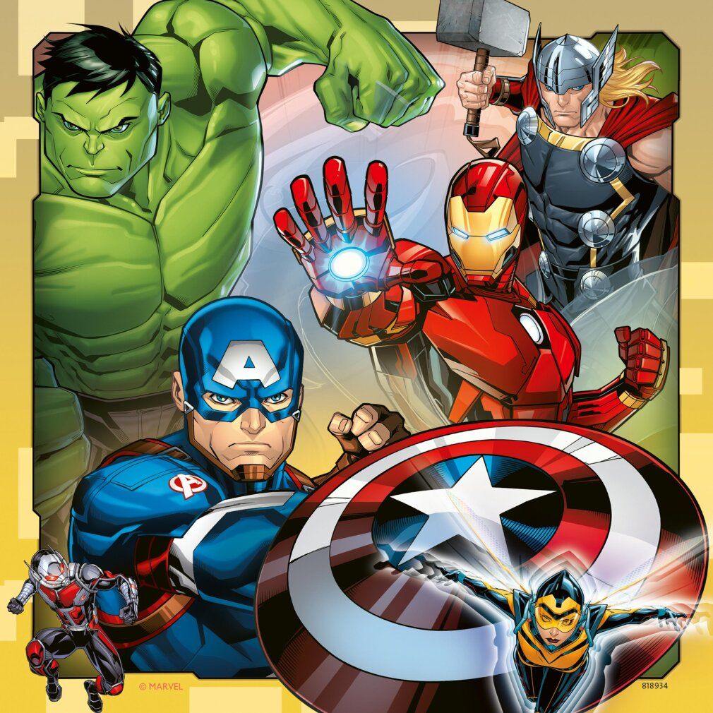 Motivo puzzle: Captain America, Hulk, Iron Man, Thor, Ant-Man e Wasp. Personaggi in pose dinamiche. Sfondo giallo.