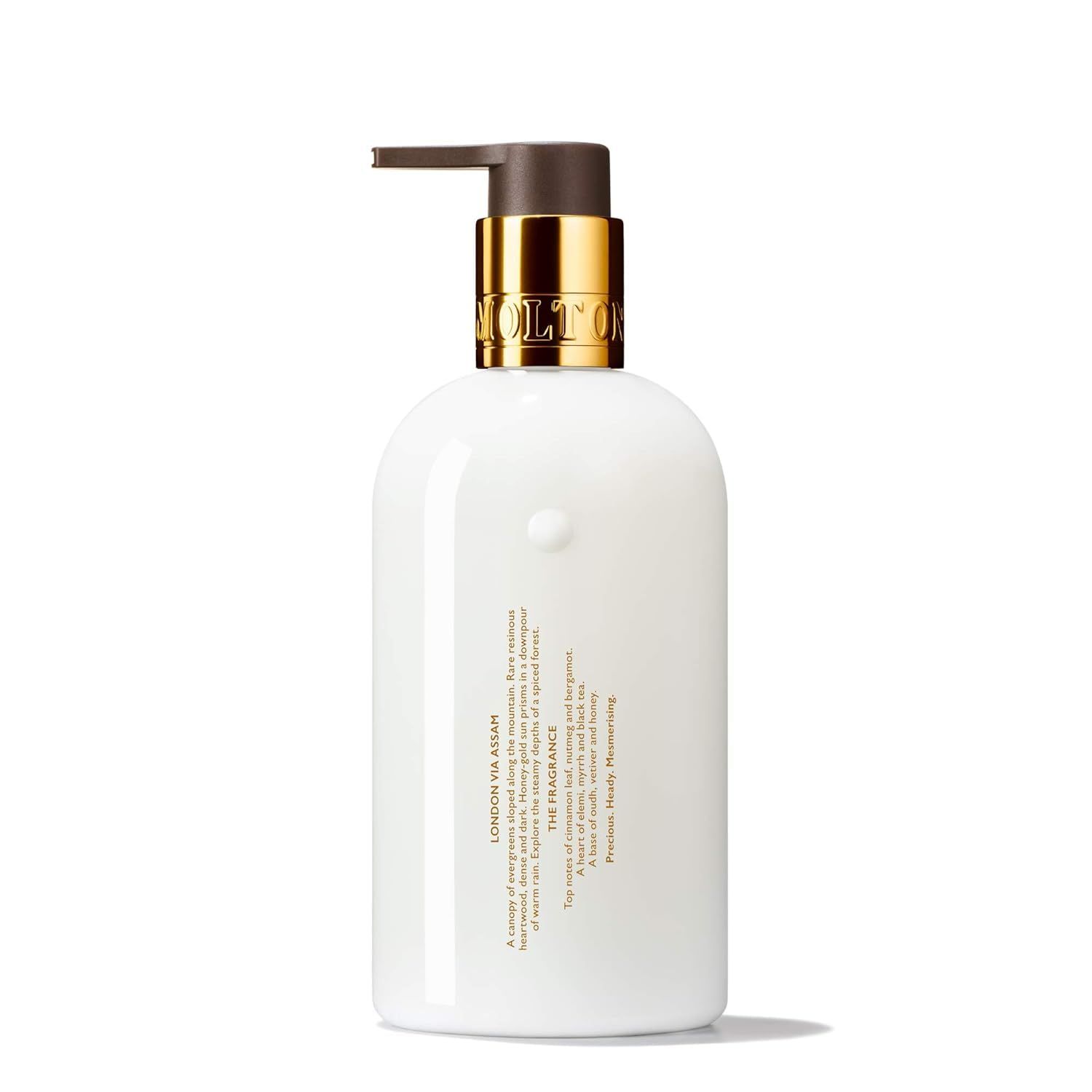 Retro di un flacone bianco Molton Brown Hand Lotion con descrizione della fragranza.
