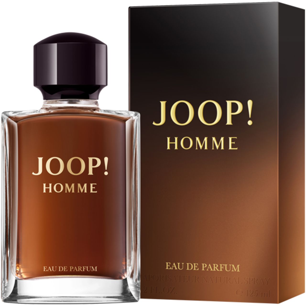 Flacone e confezione Joop! Homme Eau de Parfum. Forma rettangolare, liquido marrone, tappo nero. Scritta "JOOP! HOMME".