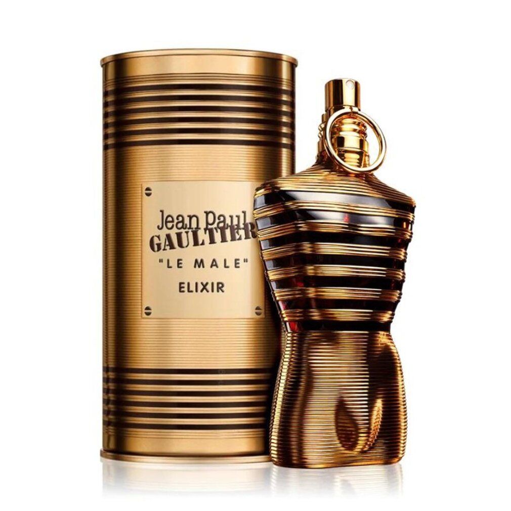 Flacone dorato a forma di busto e confezione cilindrica. Sulla confezione è scritto "Jean Paul Gaultier Le Male Elixir".