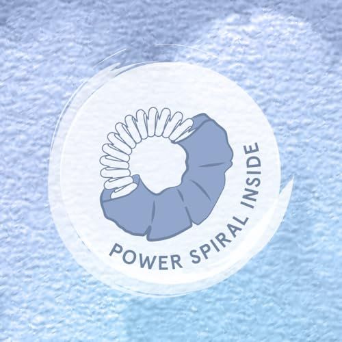 Grafica con elastico per capelli blu e testo: Power Spiral Inside. Su sfondo blu.