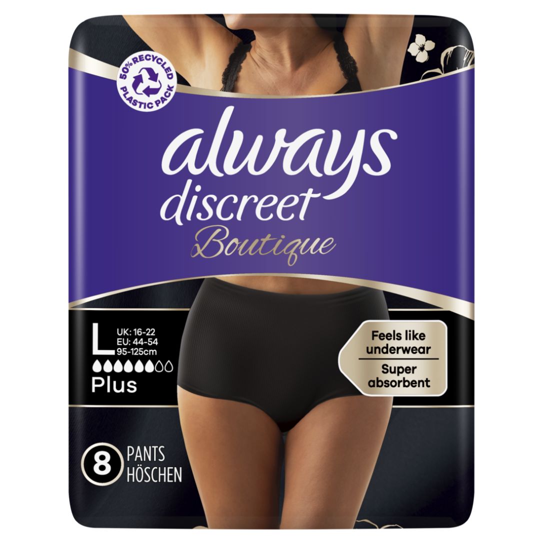 Confezione con mutandine. Scritta: always discreet Boutique, L.